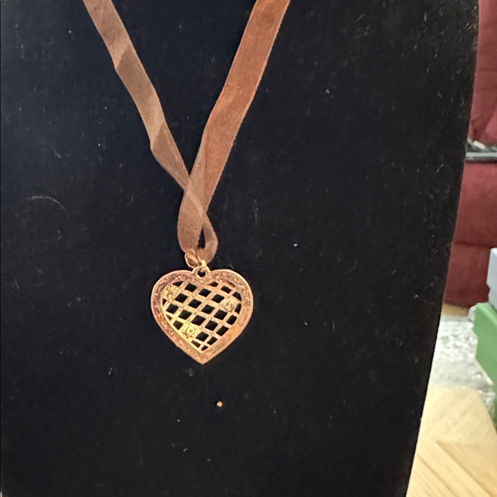 Heart Pendant Necklace with Brown Ribbon - Picture 2 of 2